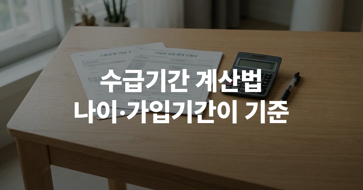 실업급여 수급 기간 계산 관련 고용보험 서류와 계산기가 놓인 사무용 책상