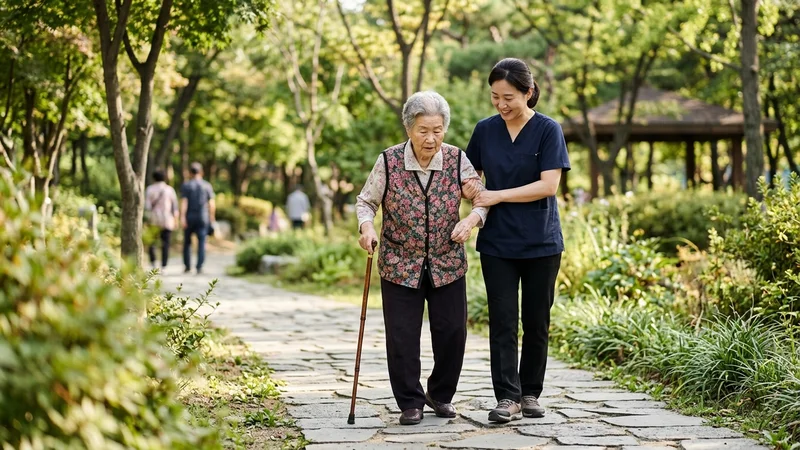 한국인 요양보호사가 한국인 할머니의 손을 다정하게 잡고 산책을 도와드리는 모습