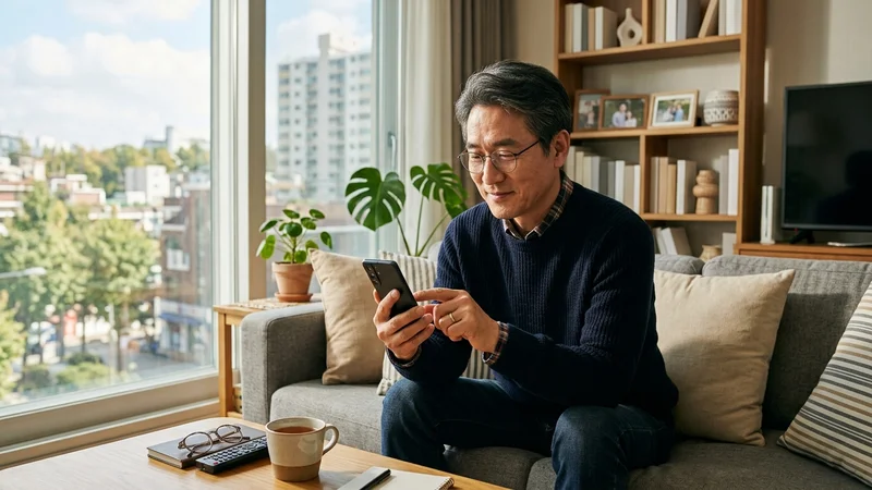 거실에서 스마트폰으로 국민연금 수령액과 수익률 정보를 확인하는 50대 한국인 남성 이미지