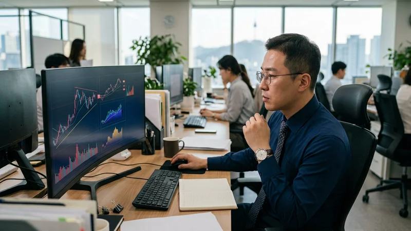 한국의 증권거래소 딜링룸에서 모니터를 확인하는 모습