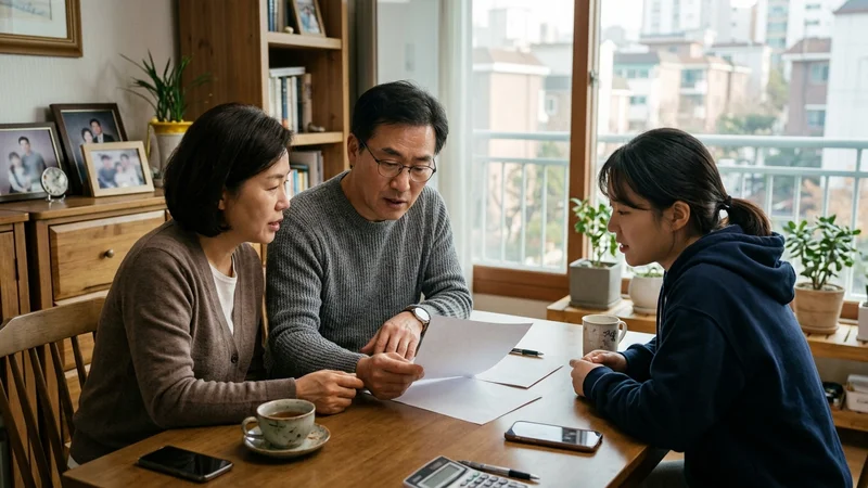 여름철 에어컨 바람 아래에서 요금 고지서를 확인하는 거실 풍경
