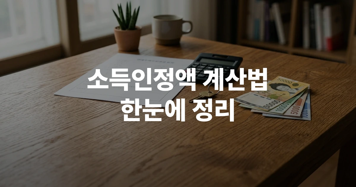 계산기와 임대차계약서, 주택 모형이 놓인 책상에서 소득인정액을 계산하는 모습