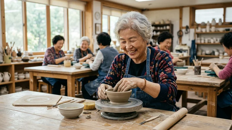 밝은 지역 사회 센터에서 점토 공예를 하며 웃고 계신 한국인 어르신