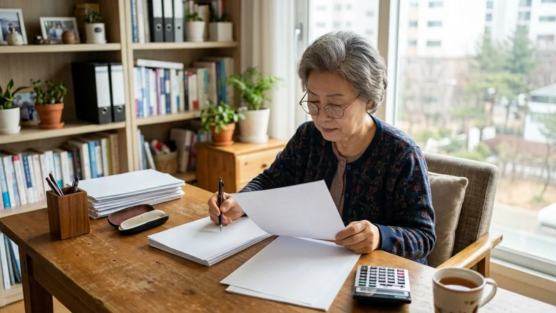 햇살이 비치는 거실 테이블에서 세금 서류를 검토하고 있는 한국인 어르신의 본문 이미지
