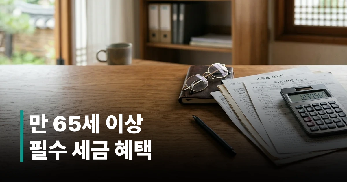 2026년 노인 세금 감면 혜택 안내를 위한 한국 세금 문서, 계산기, 안경이 놓인 밝은 책상의 썸네일 이미지