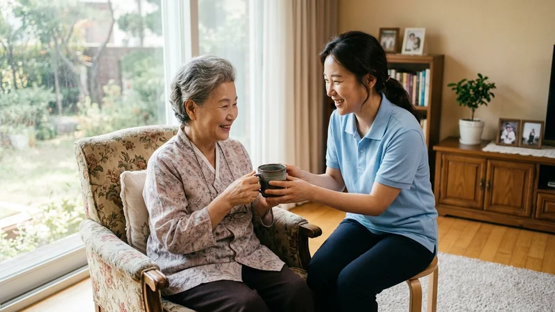 밝은 단기보호 시설에서 한국인 어르신을 돕고 있는 요양보호사의 모습