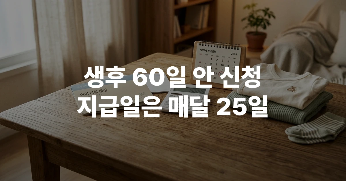 아기 옷과 통장, 달력이 놓인 육아 지원금 신청 안내 이미지