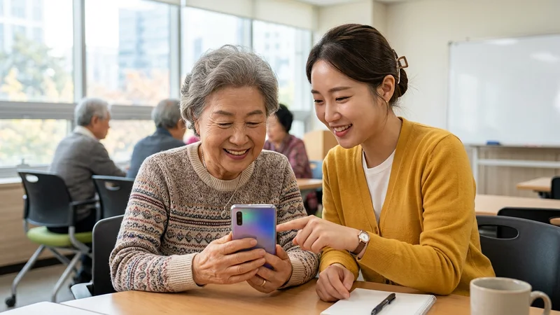 스마트폰 금융 앱 사용법을 배우고 있는 노인 여성과 강사