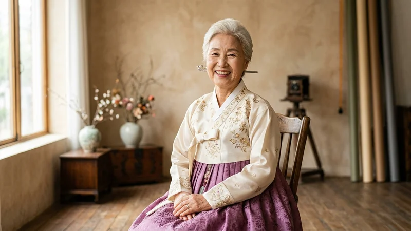 한복을 입고 사진관에서 미소 짓고 있는 한국인 할머니