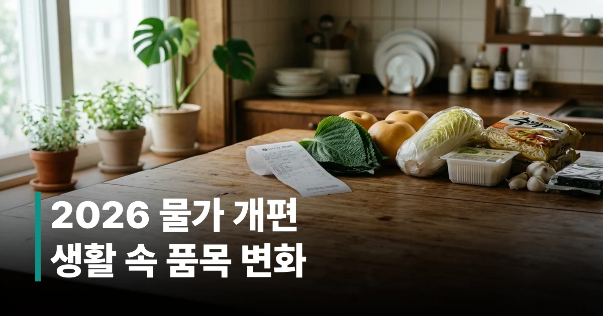 소비자물가지수 개편 품목을 상징하는 마트 영수증과 신선한 식재료 이미지