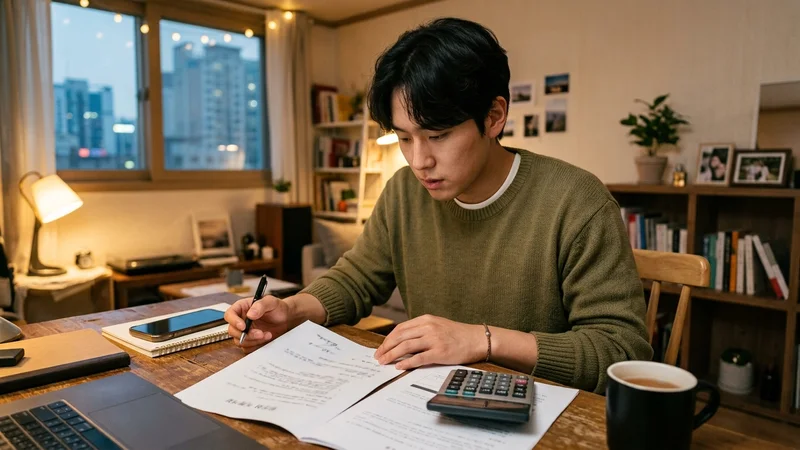 복지로 홈페이지 신청 화면을 스마트폰으로 확인하는 청년의 손과 서류 뭉치