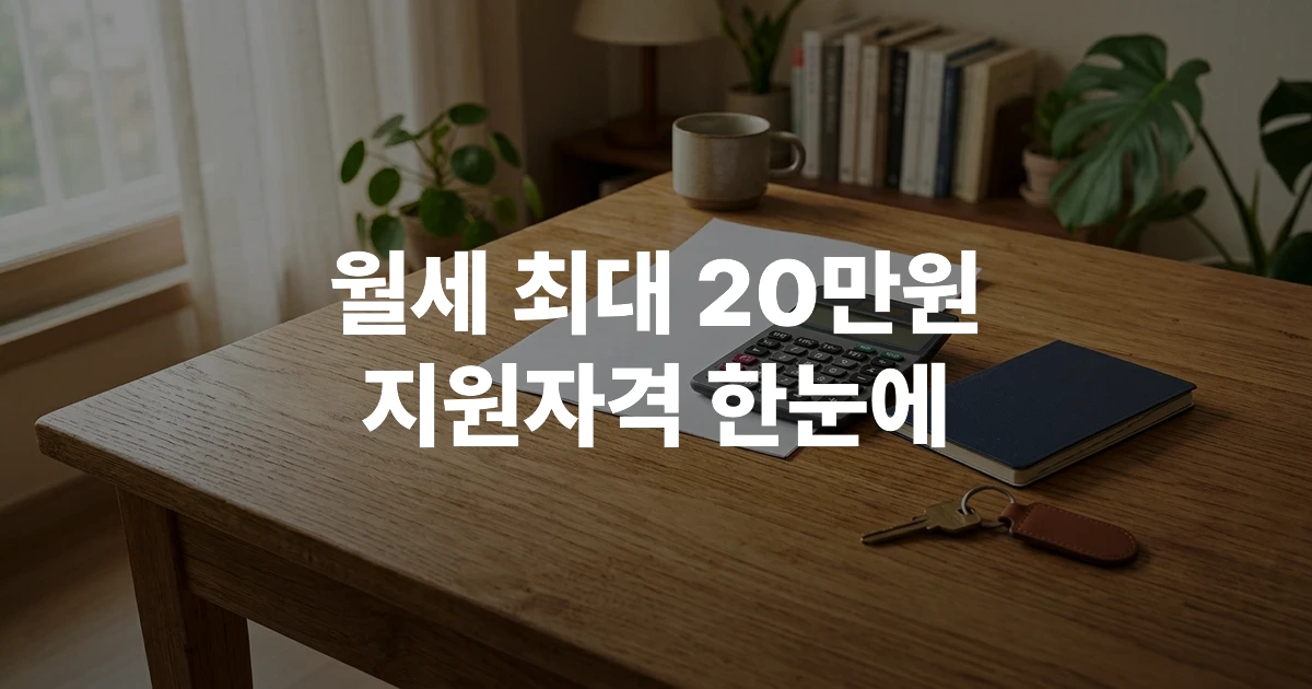 청년이 계약서와 계산기, 통장 사본을 책상 위에 올려놓고 월세 지원 서류를 검토하는 모습