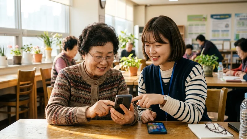 복지관에서 어르신에게 스마트폰 사용법을 교육하는 강사