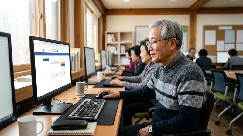 노인복지회관 컴퓨터 교실에서 컴퓨터를 배우는 한국인 어르신의 모습