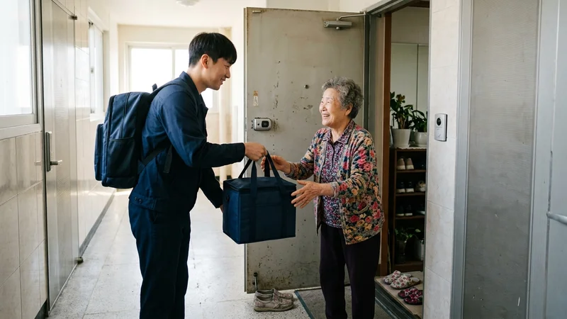배달원이 홀로 거주하는 한국인 어르신에게 우유를 전달하는 본문 이미지