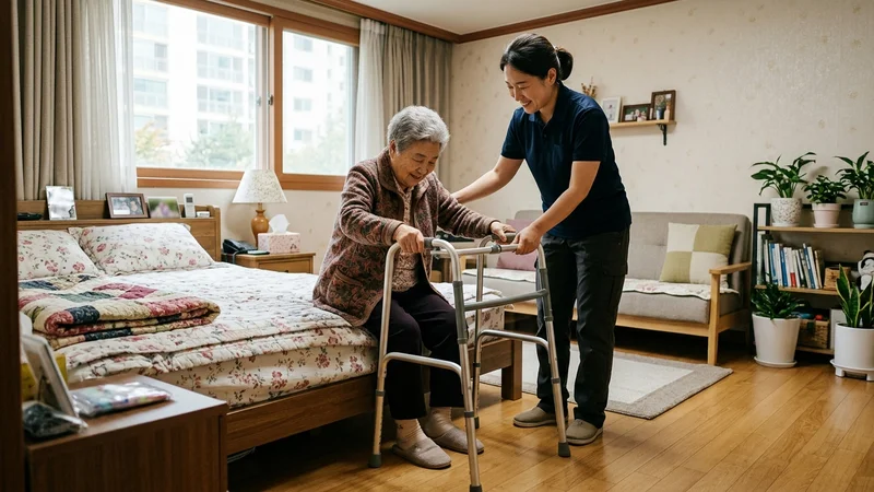 가정을 방문해 어르신의 거동을 돕는 장기요양 방문요양 장면