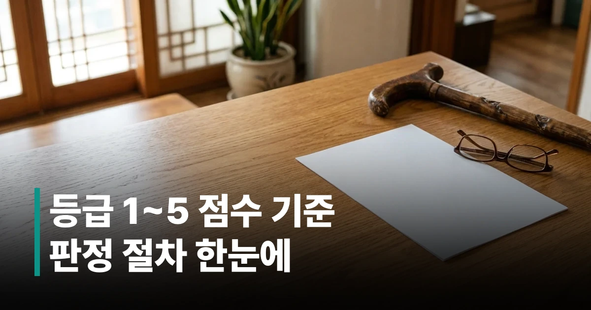 장기요양 등급 판정 서류와 인정점수 기준표를 정리한 이미지