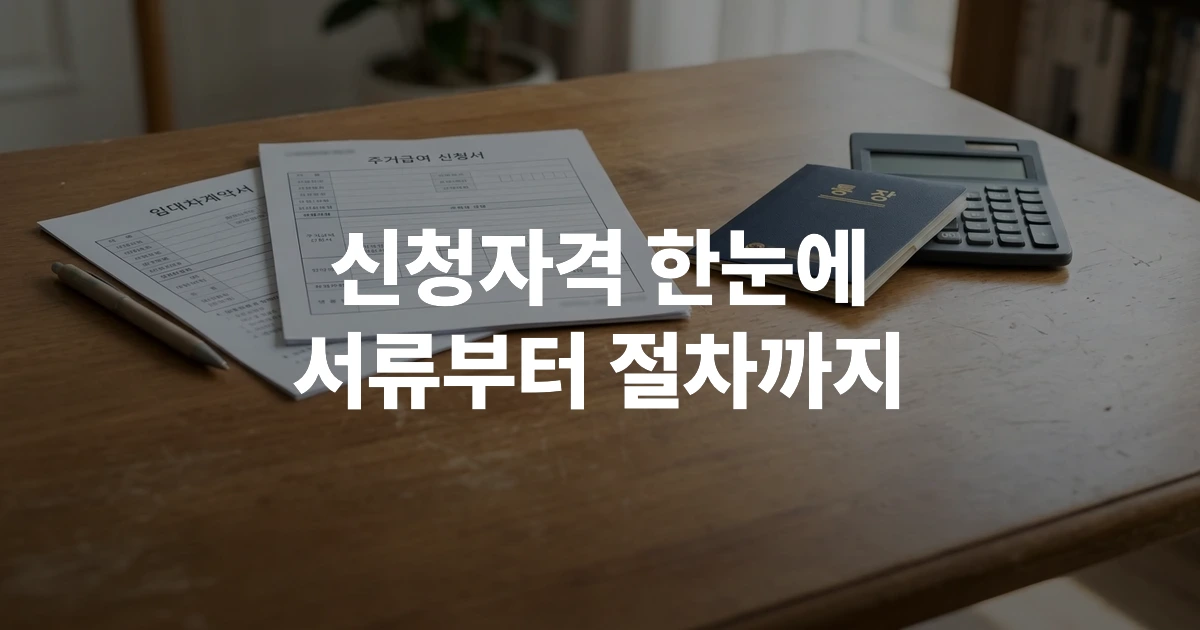 주거급여 신청 서류와 계산기, 임대차 계약서가 놓인 책상