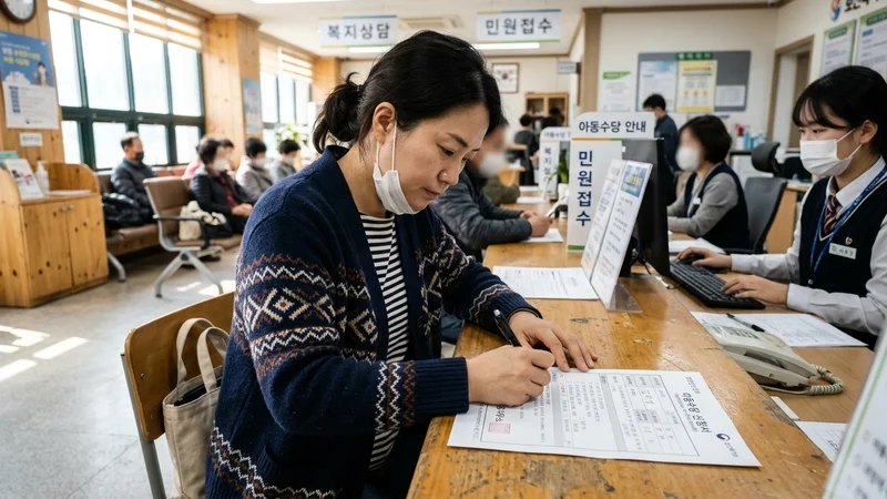 부모가 아기와 함께 있는 거실에서 통장과 계산기가 놓인 모습