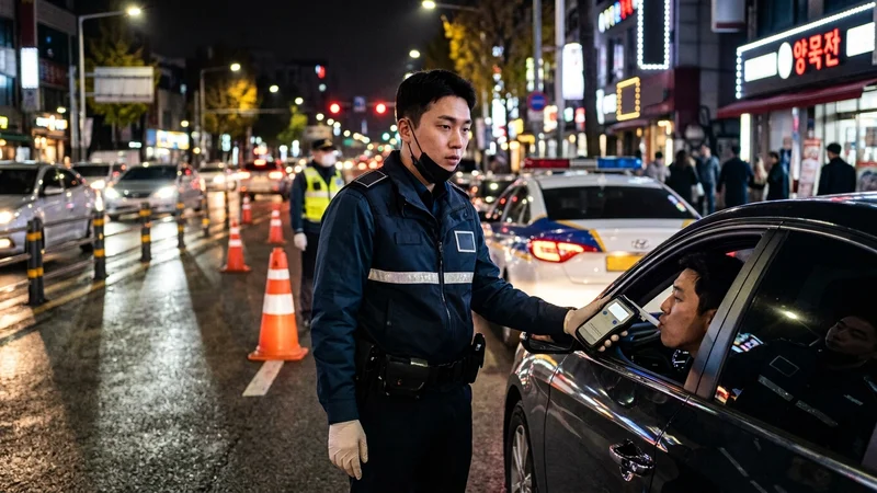 야간 단속 현장에서 음주측정기를 들고 있는 한국 경찰관의 모습