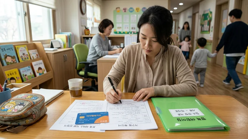 보육료 지원 신청 서류와 아이행복카드가 책상 위에 놓인 모습