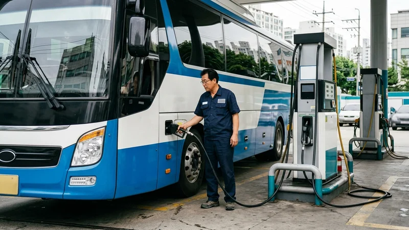 경유 주유소에서 전세버스에 기름을 넣고 있는 한국인 전세버스 운전기사의 모습