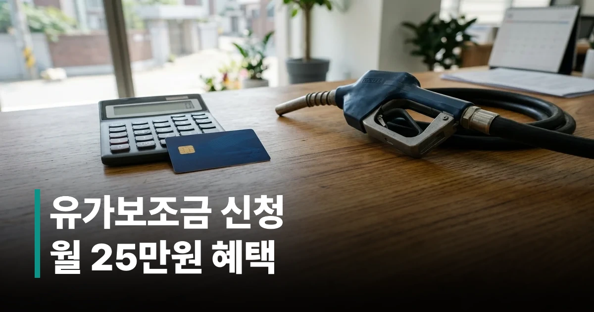 책상 위에 놓여 있는 유류구매 전용 카드, 계산기, 경유 주유기 노즐 이미지