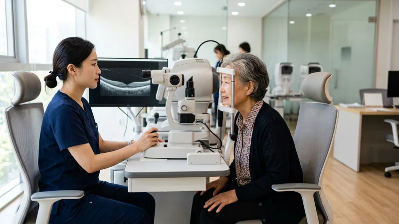 안과에서 정밀 시력 검사를 받는 한국인 어르신