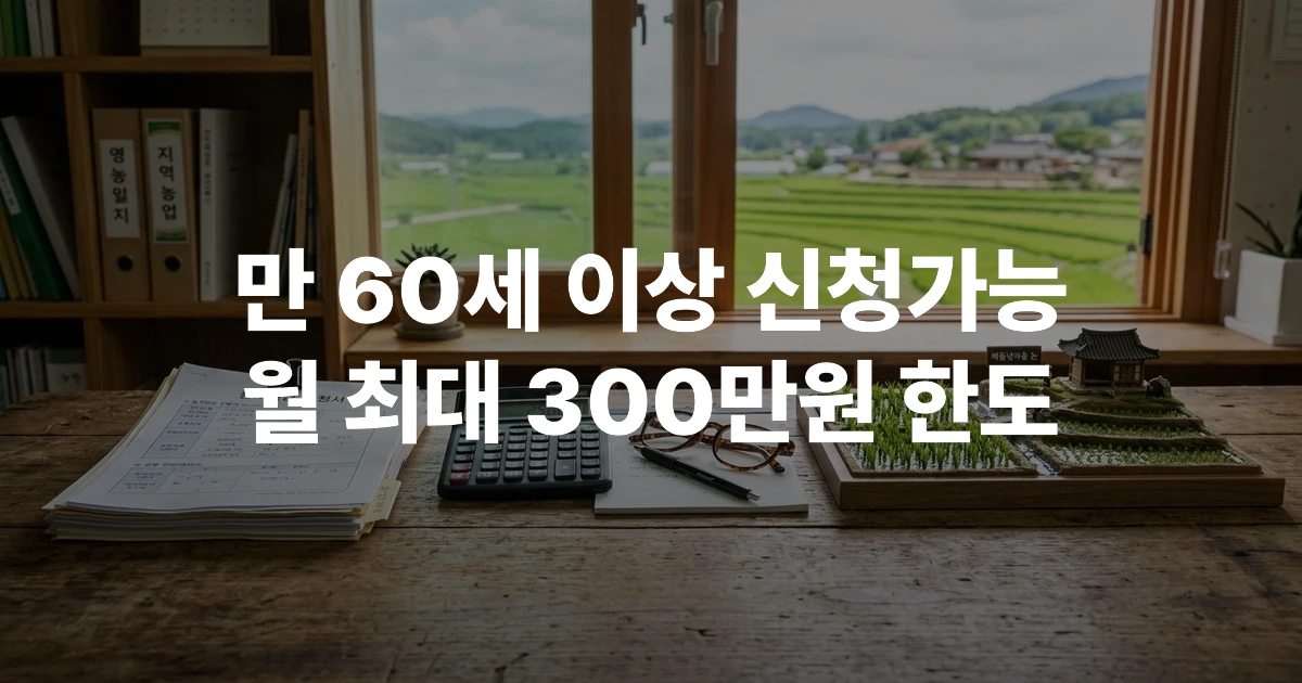 농지연금 신청 서류와 계산기, 논밭 사진이 놓인 책상