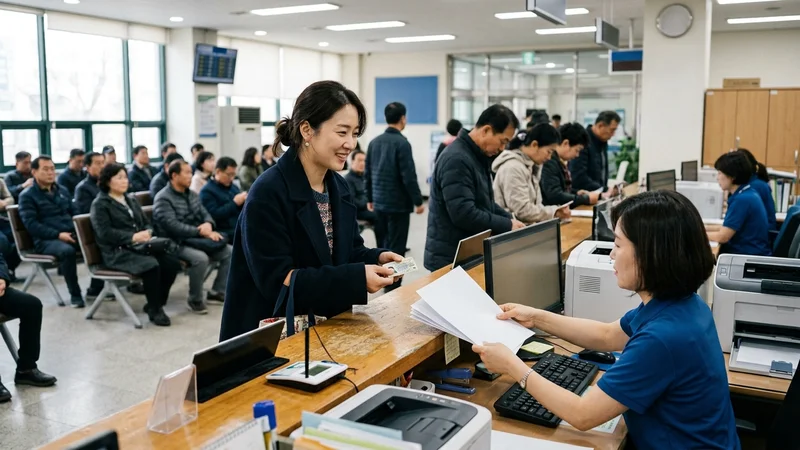 운전면허시험장 접수창구에서 서류를 확인하는 모습
