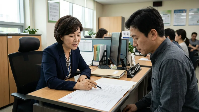 웰다잉 신청 상담 창구에서 한국인 상담사와 한국인 신청자가 서류를 확인하며 상담하는 모습