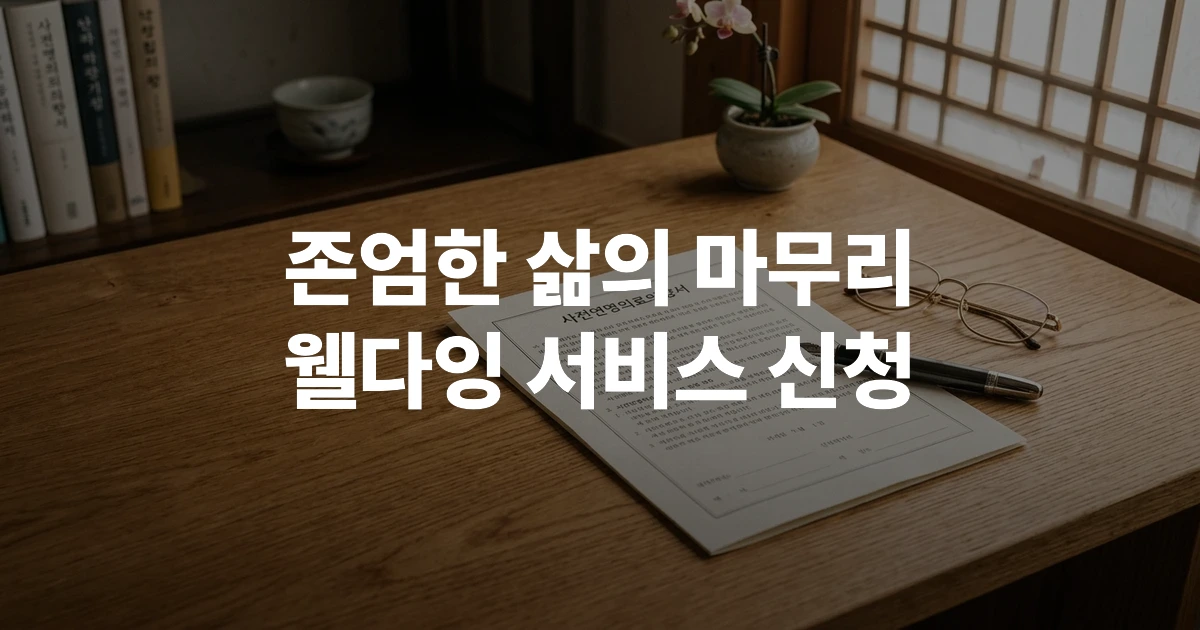 웰다잉 서비스 신청 관련 사전연명의료의향서 서류와 펜 및 안경이 놓인 깔끔한 책상