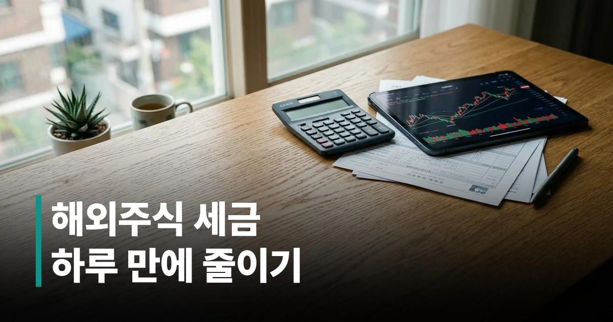 해외주식 양도소득세 계산을 위한 서류들과 계산기가 놓여 있는 책상