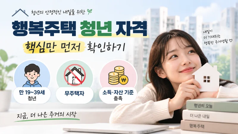 행복주택 청년 계층 자격조건을 안내하는 이미지로 대학생·청년·사회초년생 유형과 주거 지원을 상징하는 인물이 표현된 모습