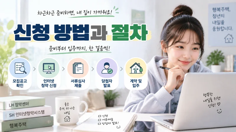행복주택 청약 신청 과정을 안내하는 이미지로 노트북으로 신청서를 작성하는 청년과 단계별 절차 아이콘이 배치된 모습