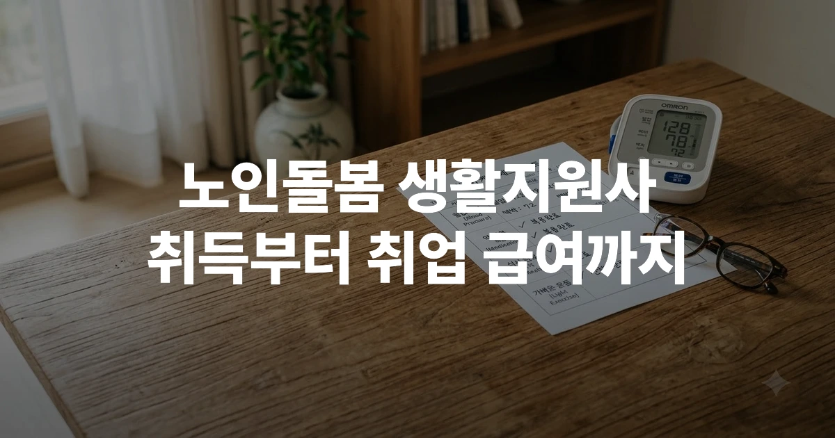 노인돌봄 생활지원사 자격증 학습 교재와 돌봄 서비스 관련 도구