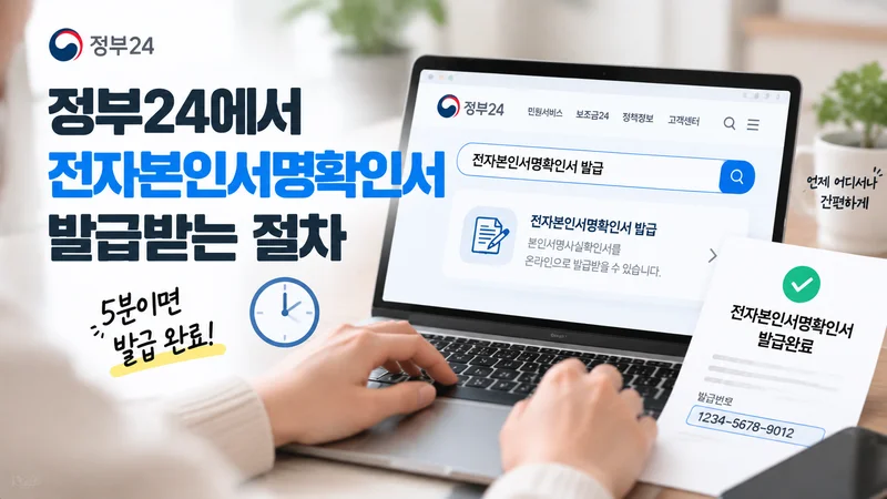 정부24 전자본인서명확인서 발급 시 수수료 면제와 주요 주의사항을 안내하는 이미지