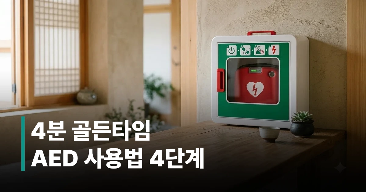 깨끗한 목재 테이블 위에 놓인 자동심장충격기 장비와 안내 책자