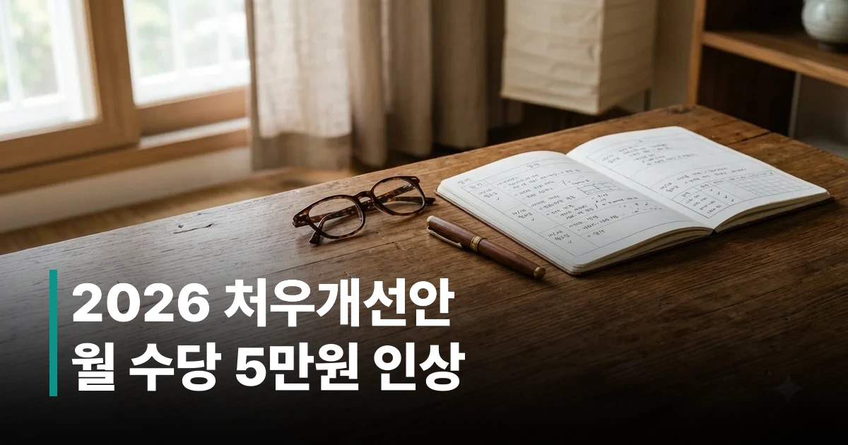 2026년 요양보호사 장기근속장려금 및 중증가산 처우개선 안내 서류와 돋보기