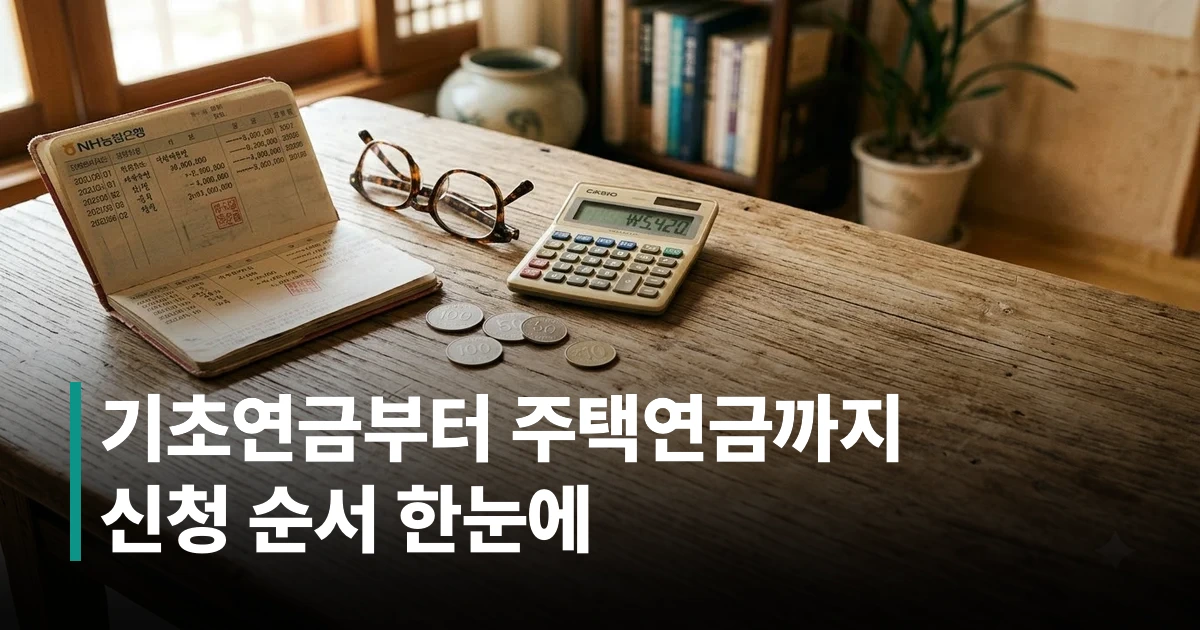 노후 생활비 관련 통장, 계산기, 서류가 놓인 탁자