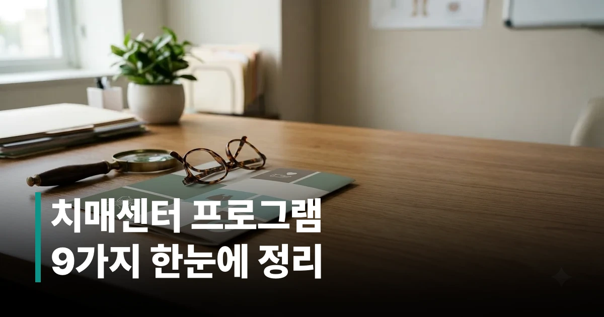 치매안심센터 안내 자료와 돋보기가 놓인 책상 정물 사진