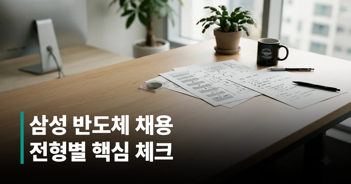 반도체 채용 관련 서류와 노트북이 놓인 책상 풍경