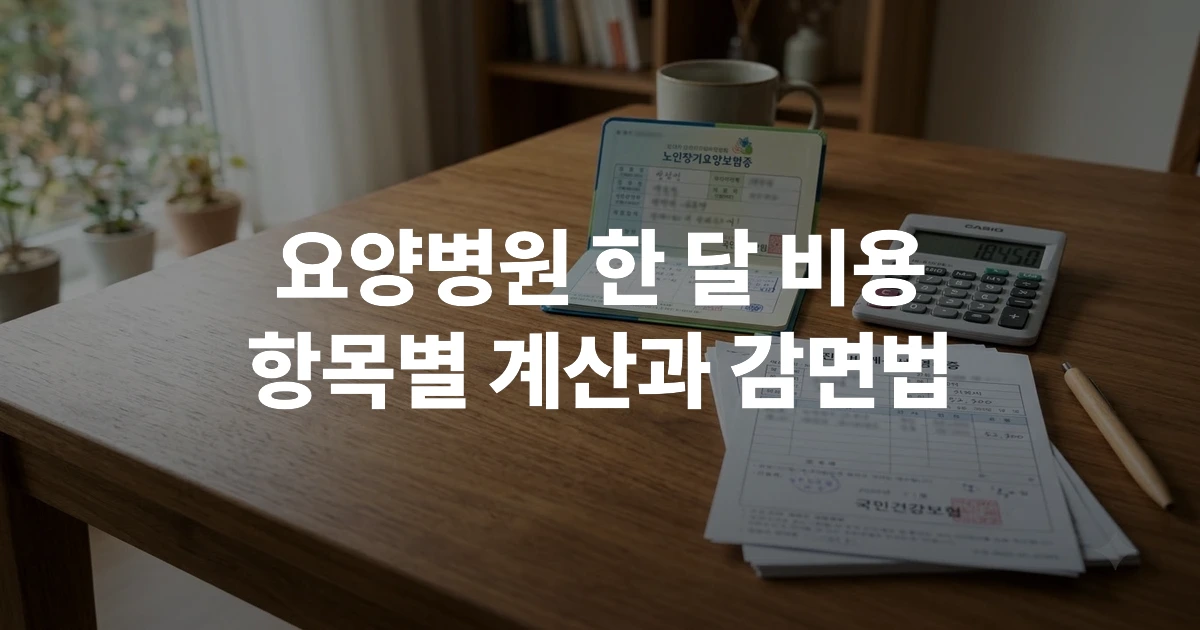 요양병원 비용 계산기와 건강보험 청구 서류가 정돈되어 있는 책상