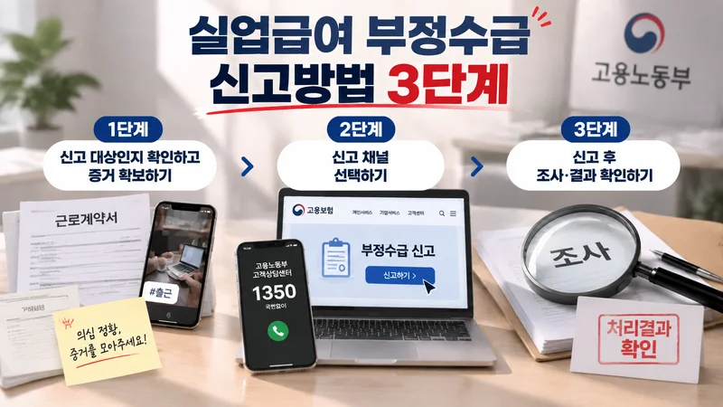 실업급여 부정수급 적발 시 불이익을 설명하는 이미지로 반환, 추가징수, 수급 제한, 형사처벌을 상징하는 법률 요소가 표현되어 있다