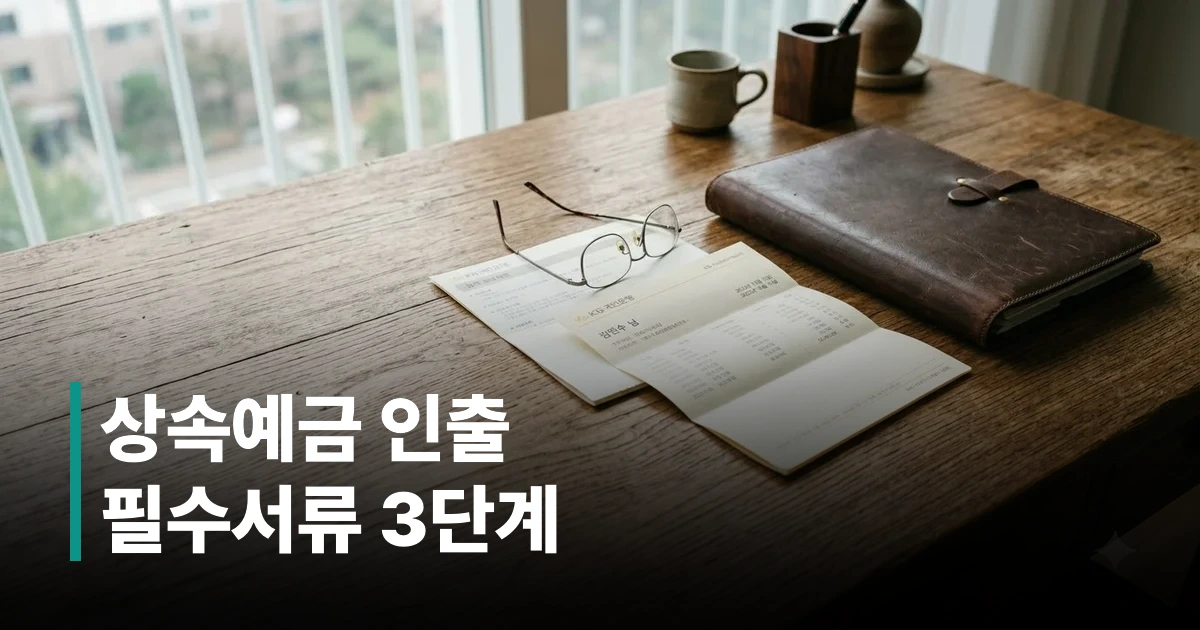 정리된 상속 서류철과 돋보기 및 계산기가 놓인 책상
