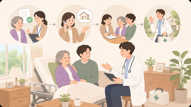장기요양 재택의료센터 이용 신청부터 가정 방문 진료까지의 절차를 표현한 모습