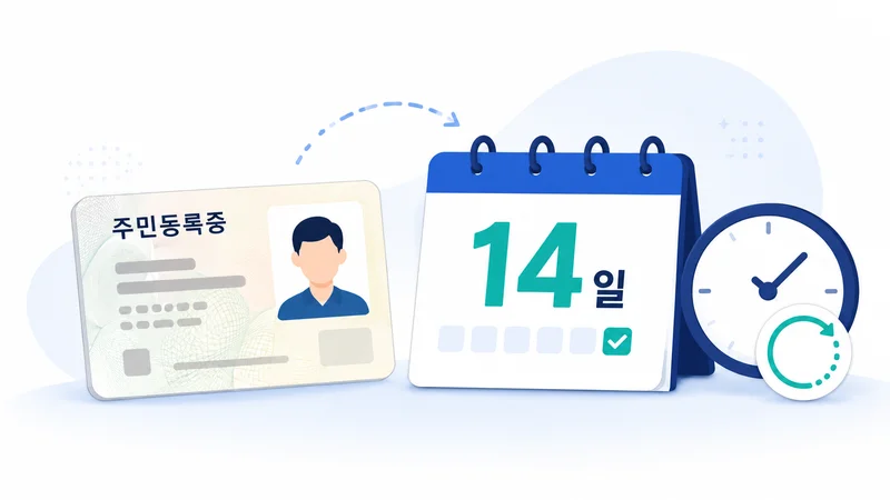 주민등록증 재발급 처리기간 14일을 나타낸 주민등록증과 달력