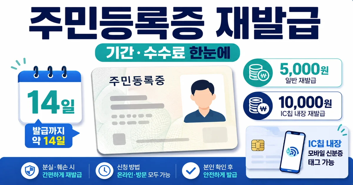 주민등록증 재발급 기간 14일과 수수료 5천 원·1만 원 안내