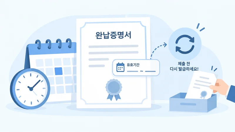4대보험 완납증명서의 유효기간 확인과 제출 전 재발급을 안내하는 이미지