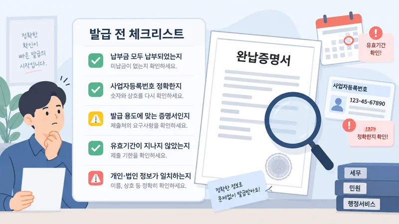 4대보험 완납증명서 발급 전 체납 여부와 사업자정보, 유효기간을 확인하는 체크리스트 이미지